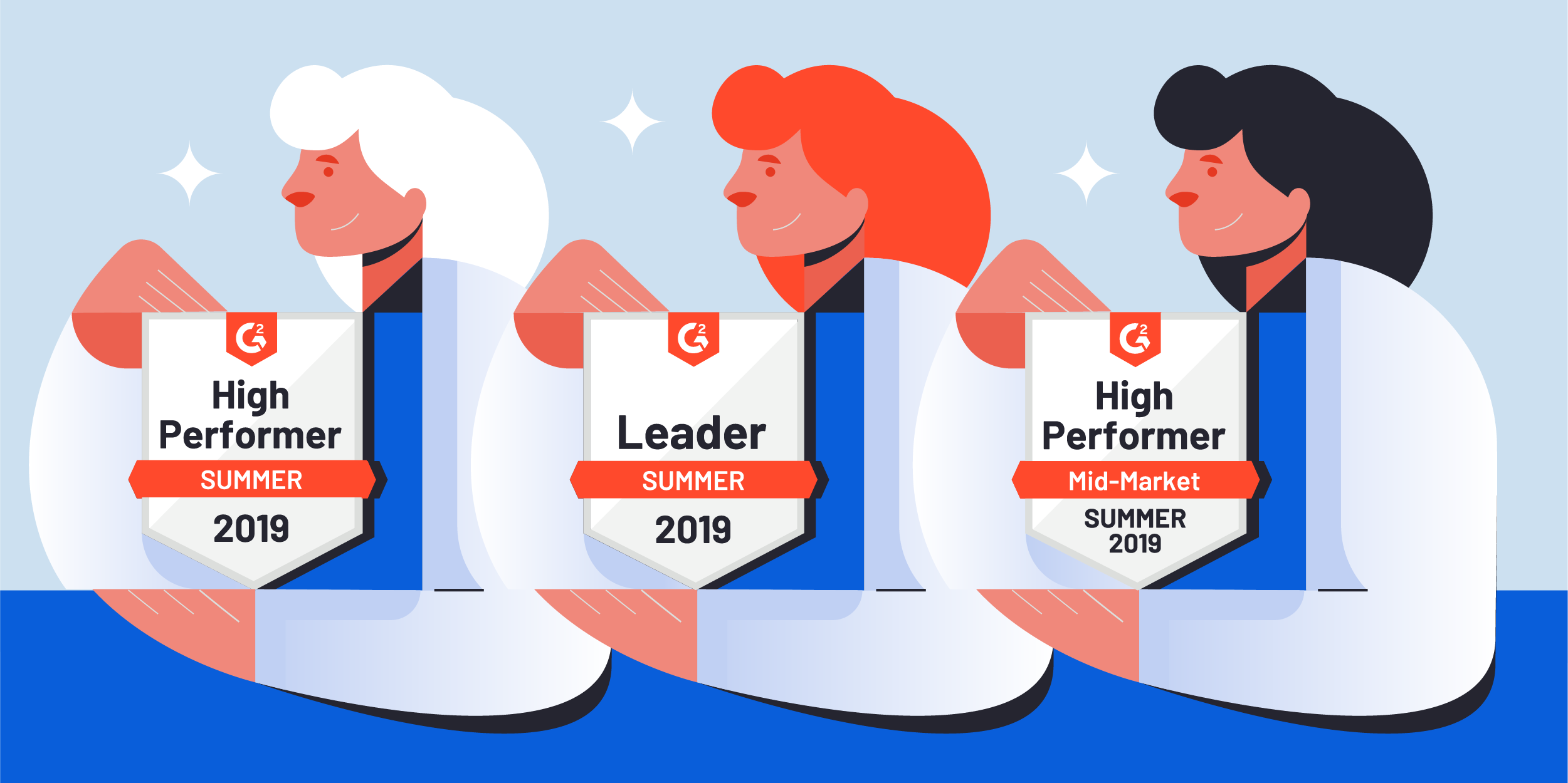 graphic showing figures holding award badges for StackAdapt