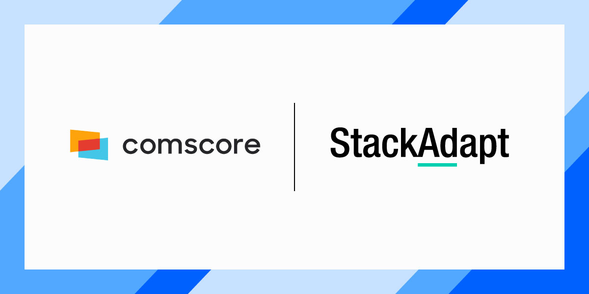 logos for comscore and stackadapt together on a white background