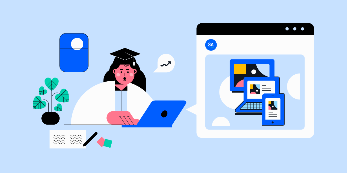 graphic illustration of a person dressed as a student working on a laptop