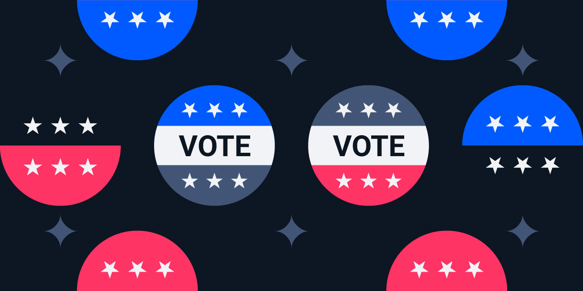 graphic showing political pins that read "Vote" to illustrate political advertising