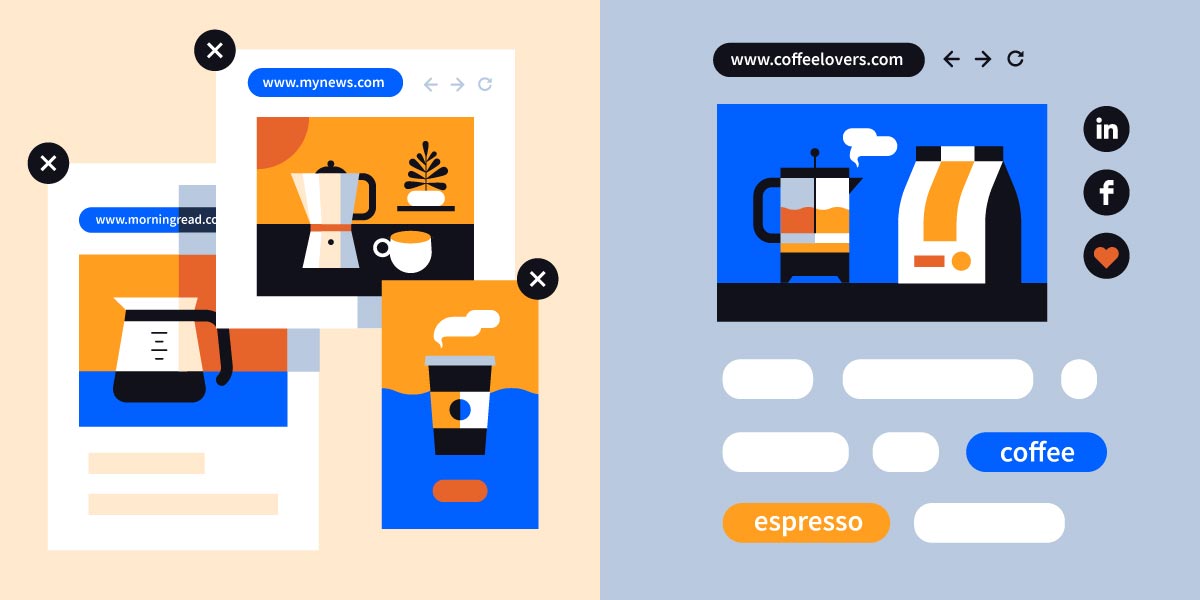 A graphic illustration of ads for coffee and coffee products
