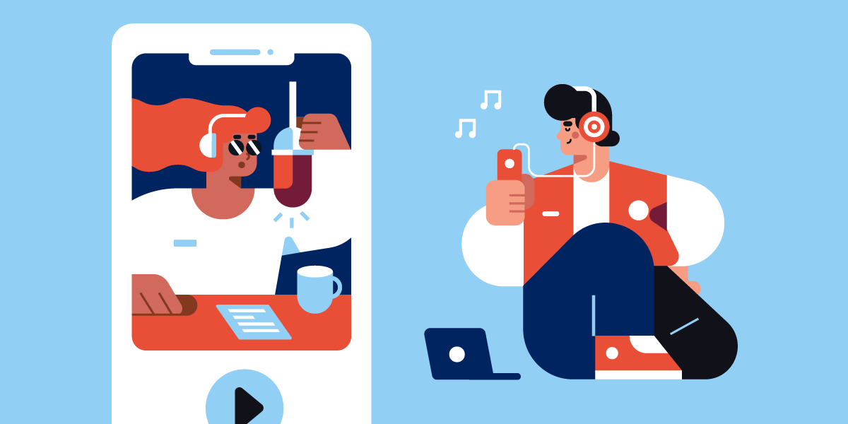 An illustration of a person recording a podcast and another listening to it on their mobile