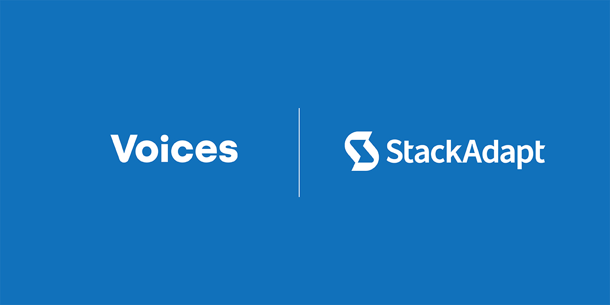 blue background overlayed with logos for Voices and StackAdapt to illustrate partnership