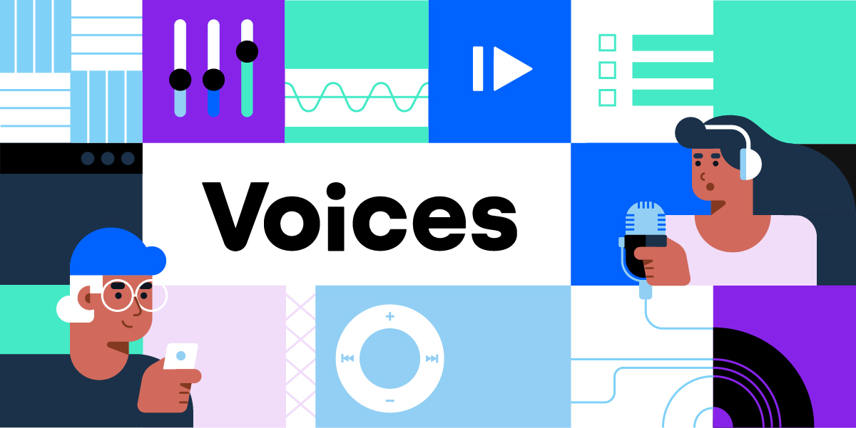 collage of graphics related to audio advertising overlayed with the logo for Voices