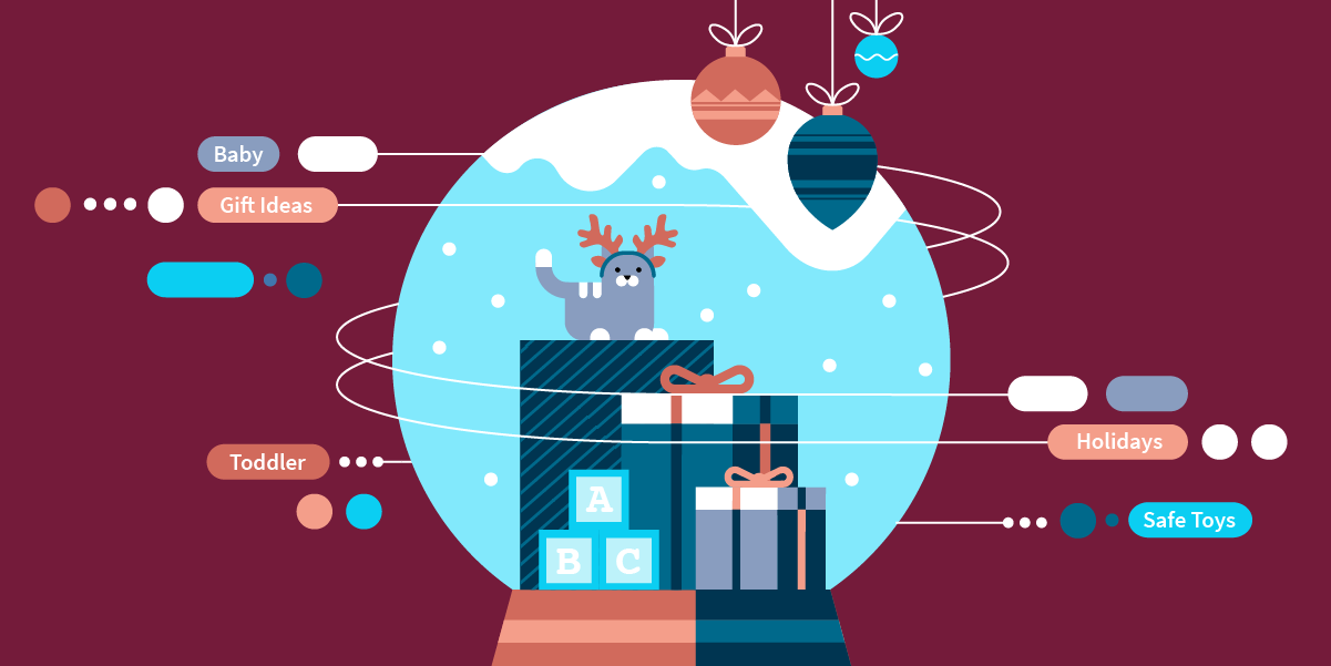 maroon background overlayed with holiday themed items and keywords to represent contextual advertising