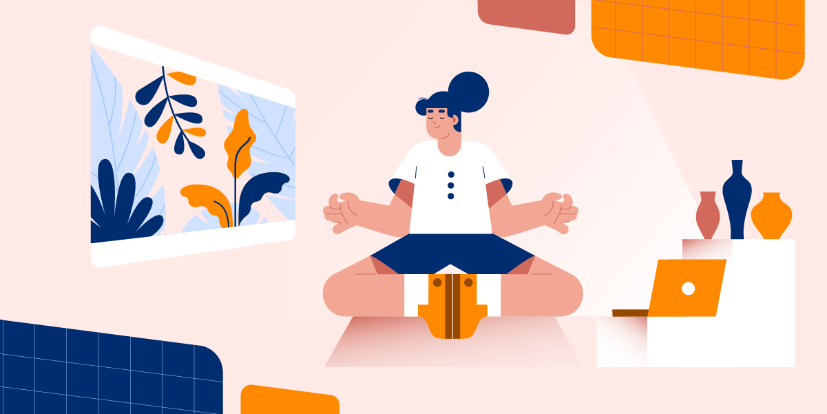 graphic of woman meditating in a living room with a connected tv device to illustrate healthcare marketing strategies