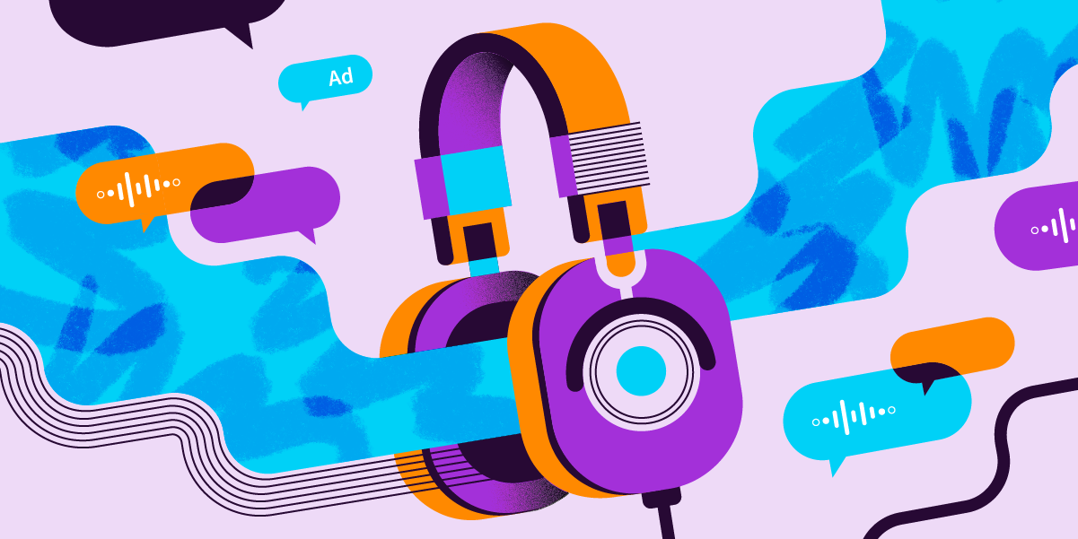 graphic showing over ear headphones with audio symbols around them to depict audio advertising for B2B