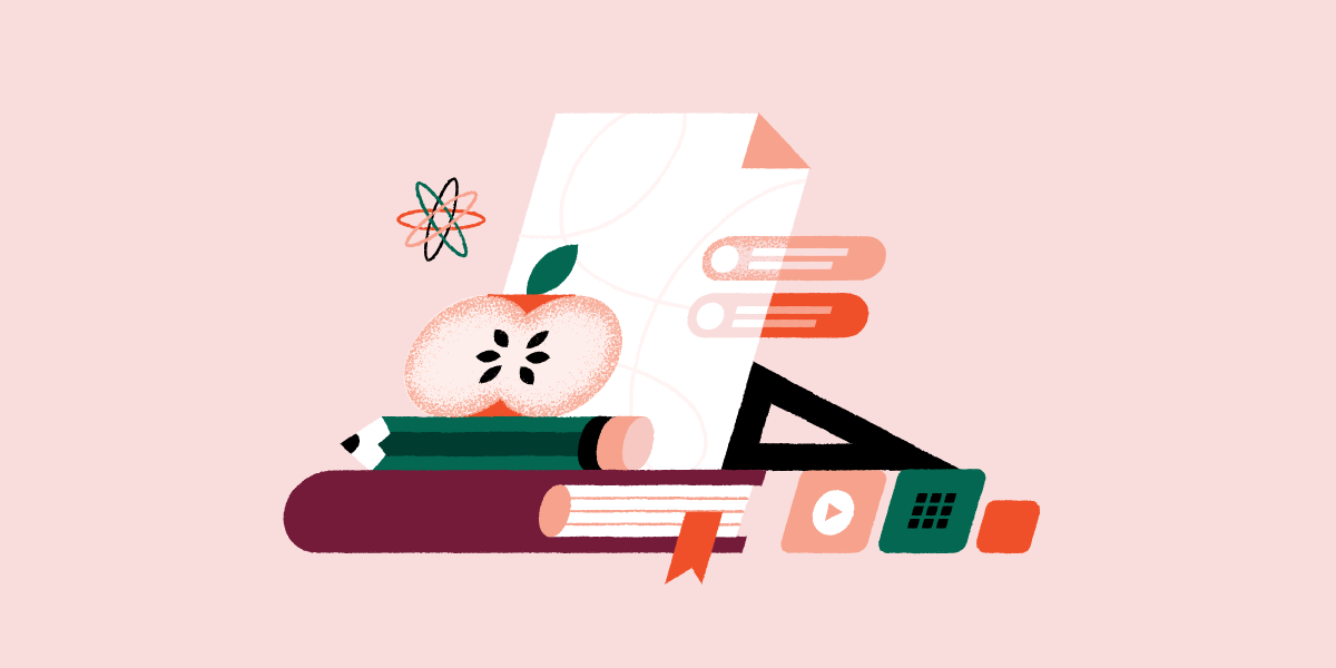 illustrations of back to school items including an apple, a book, pencil and more