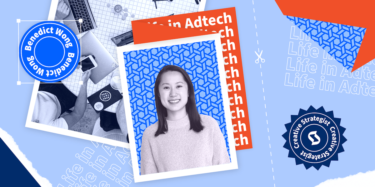 blue graphic overlayed with black and white image of a smiling woman, with text reading Life in Adtech: Benedict Wong