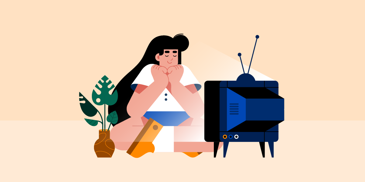 graphic of a woman watching an old television set to illustrate trends in CTV and digital video