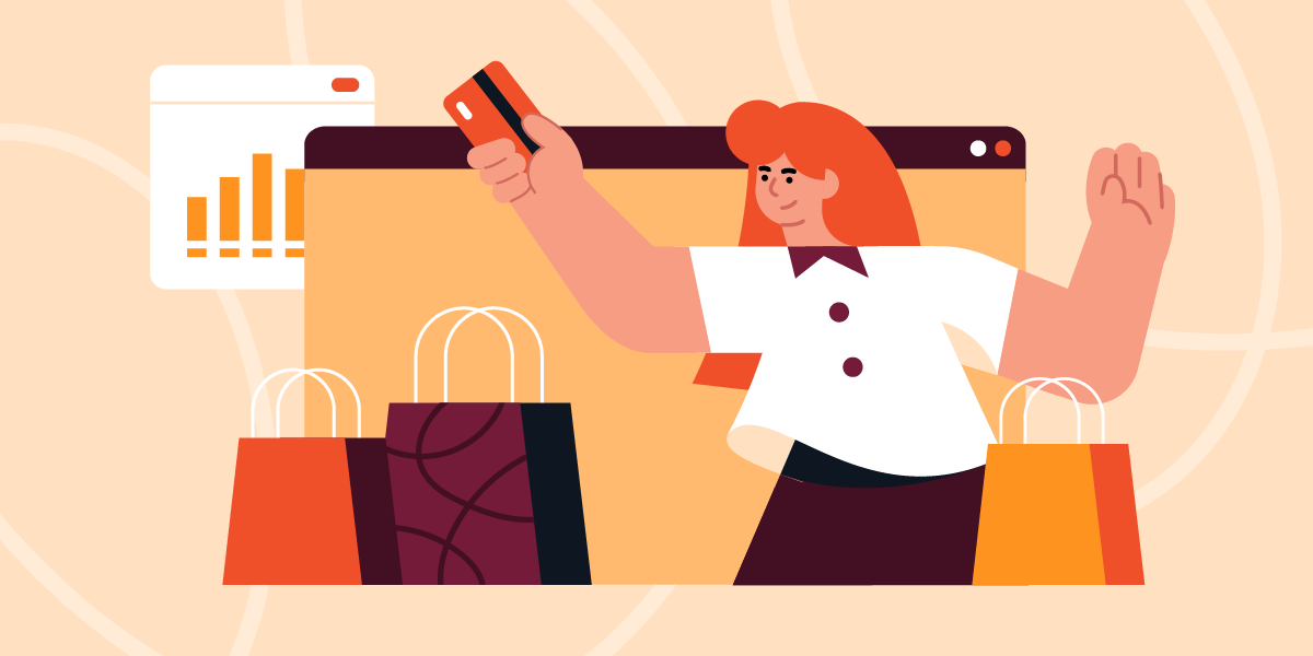 graphic shows a person with shopping bags while holding up a credit card to symbolize retail shopping