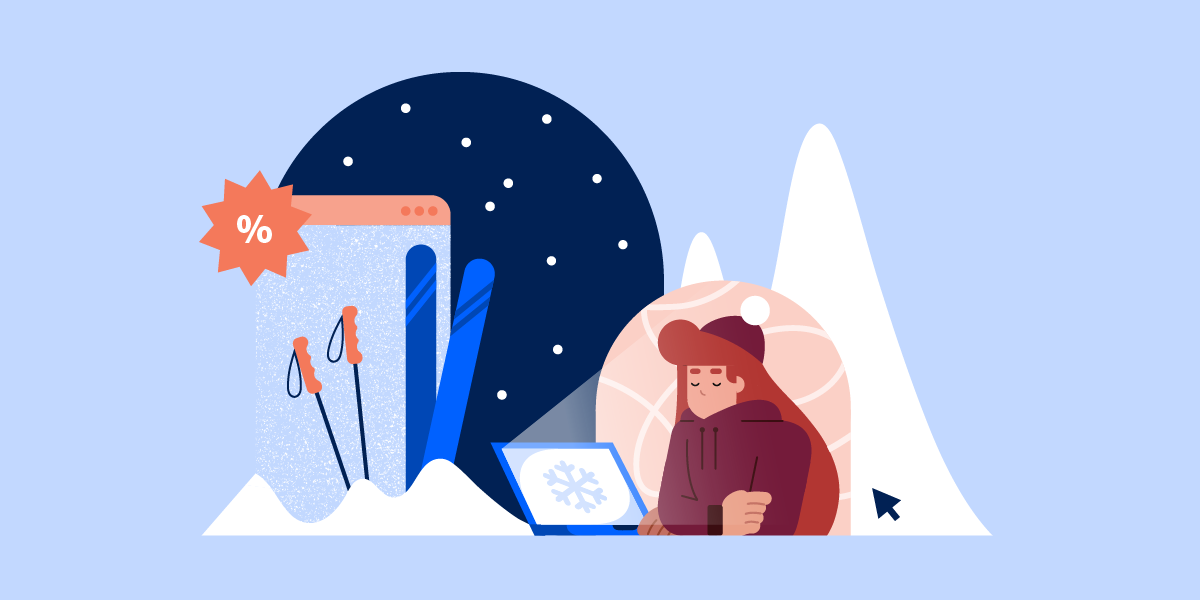 graphic depicting a woman looking at laptop in a snowy setting