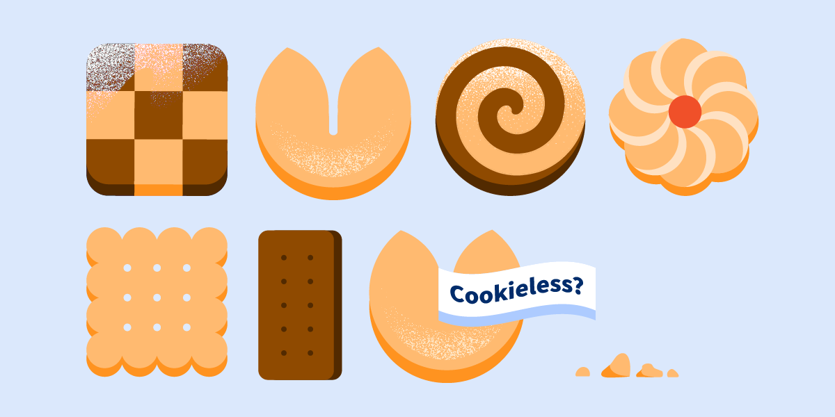 graphic showing different types of cookies with the copy, "cookieless?"
