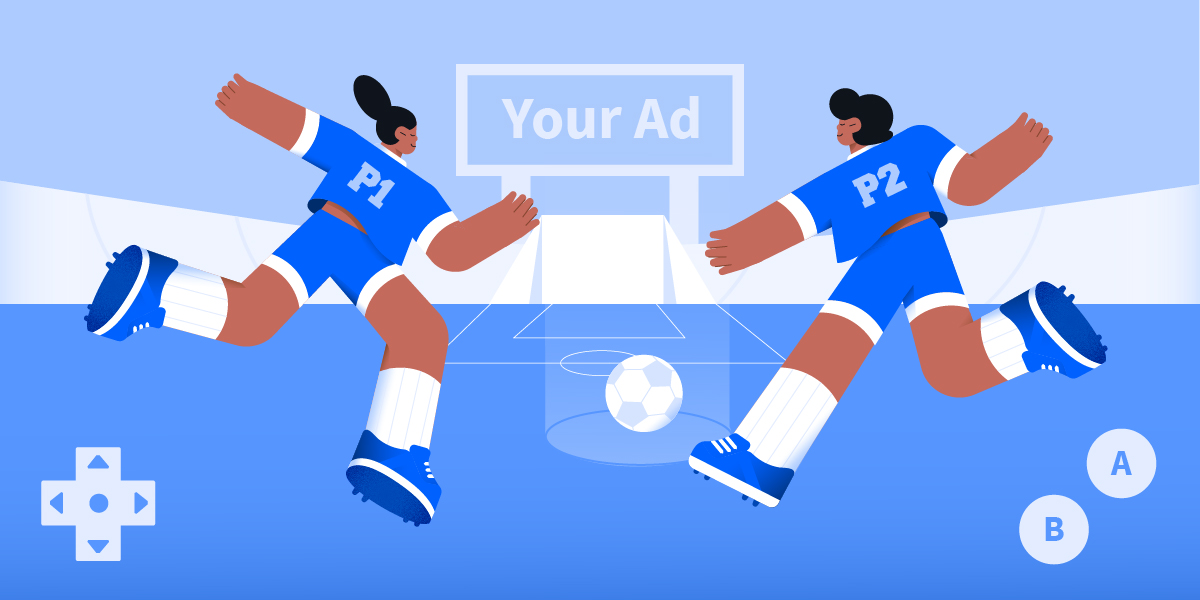 graphic showing two video game characters playing soccer to illustrate in-game advertising