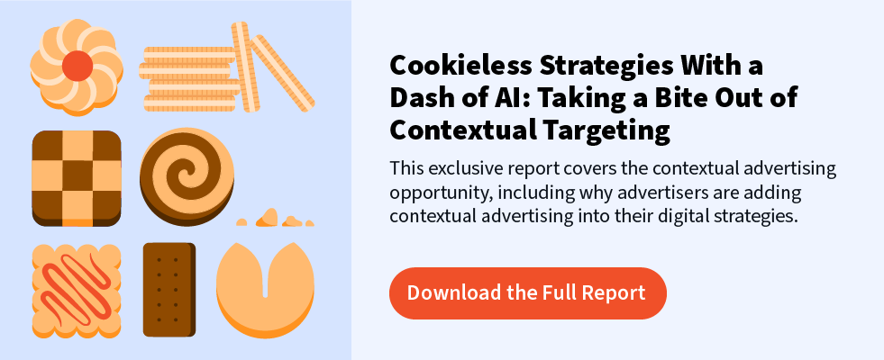 graphic that reads "Cookieless strategies with a dash of AI: Taking a Bite out of Contextual Targeting" and a button to download the full report