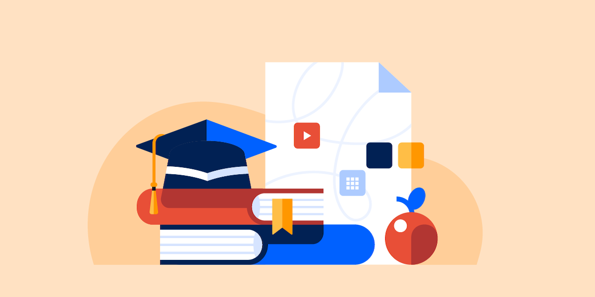 graphic of education related items like books and apples, to illustrate higher education marketing