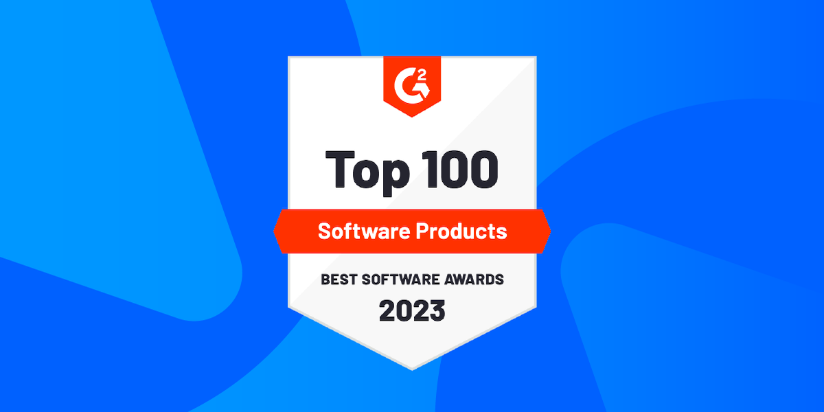 blue background overlayed with an award badge reading Top 100 Software Products 2023