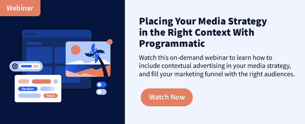 a graphic representation of contextual advertising along with text that reads: Watch this on-demand webinar to learn how to include contextual advertising in your media strategy, and fill your marketing funnel with the right audiences.