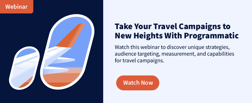 graphic illustration of a plane along with copy that reads: "Watch this webinar to discover unique strategies, audience targeting, measurement, and capabilities for travel campaigns." 