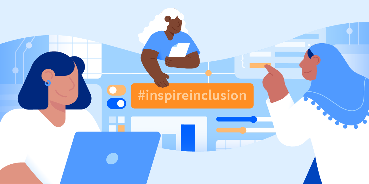 Illustrative graphic of women in tech industry with #inspireinclusion in the middle