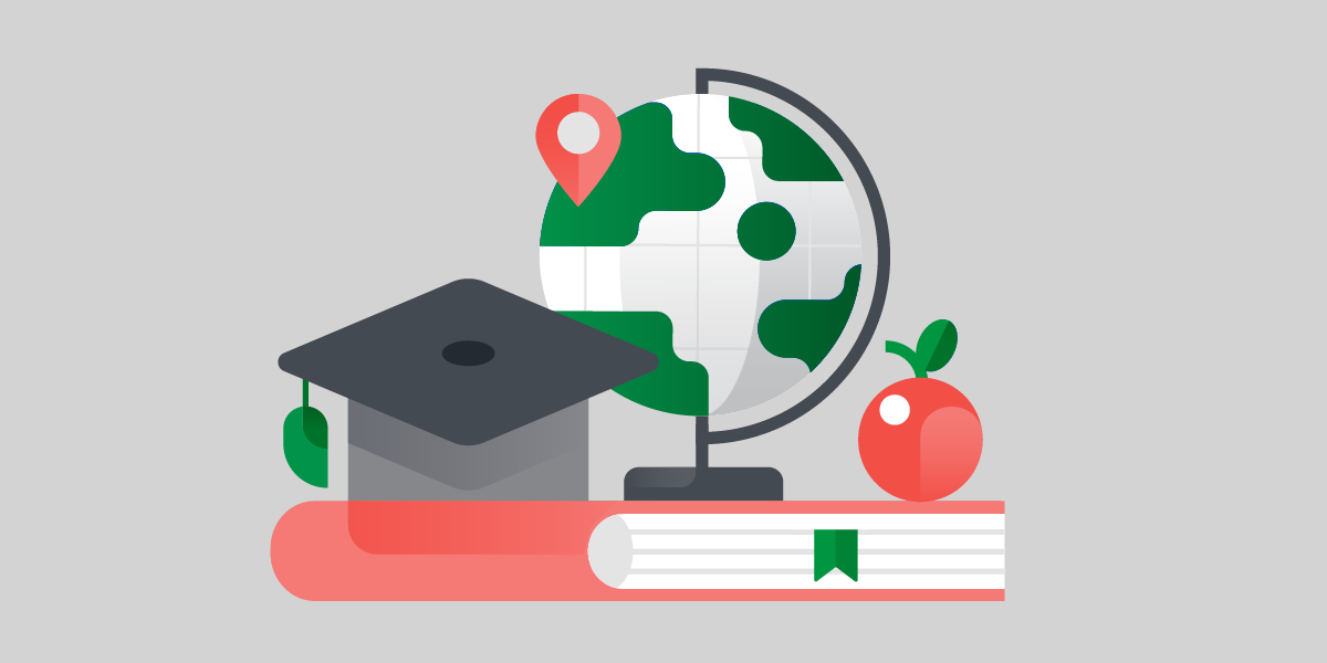 illustrative graphic of a grad hat, books, red apple, and a globe
